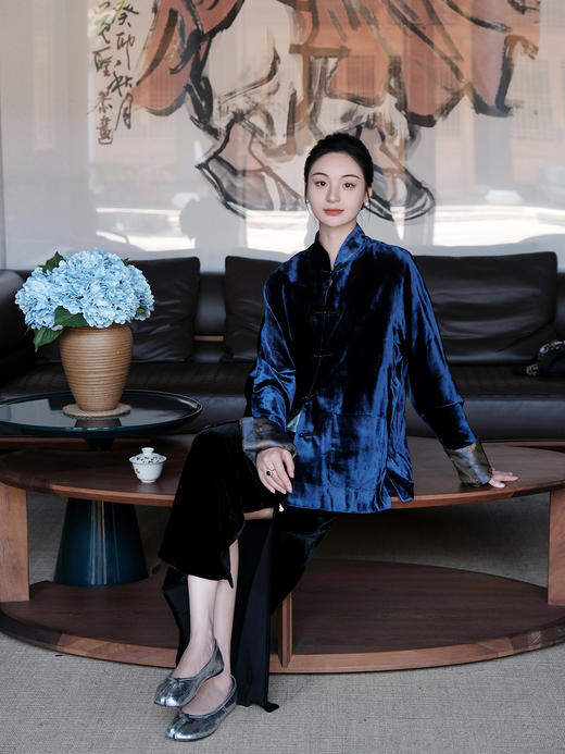 盛唐牡丹| 藏蓝色丝绒双面穿外套 商品图6