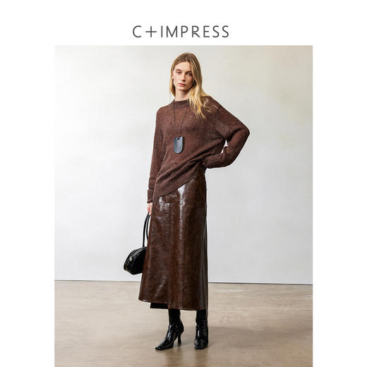 西嘉|PU油蜡皮美拉德棕色皮裙半身裙女2024年冬季解构后开衩A字裙 商品图3