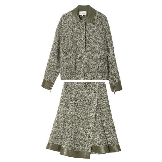 西嘉|羊驼羊毛混纺圈圈人字复古拼接皮领假两件夹克/鱼尾裙女套装（WT2404011） 商品图5