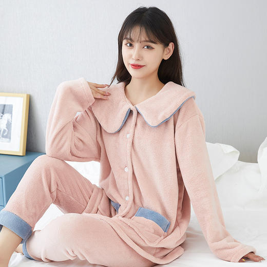 学院风女士睡衣冬季女款秋冬款法兰绒加绒加厚款珊瑚绒家居服冬天学生睡衣 商品图0