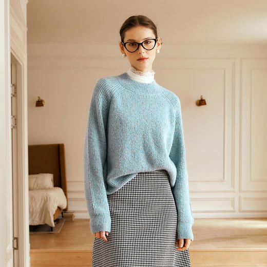 OLrain欧芮儿法式蓝色毛衣女冬季2024新款慵懒风别致圆领毛针织衫 商品图3
