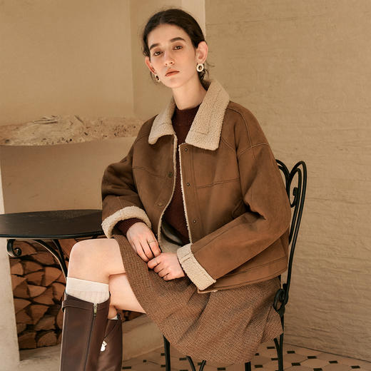 OLrain欧芮儿法式咖色皮草外套女冬季2024年新款翻领皮毛一体上衣 商品图1