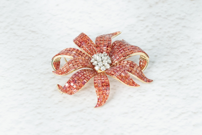 「向日葵」橙色蓝宝石钻石隐形镶嵌胸针吊坠两用