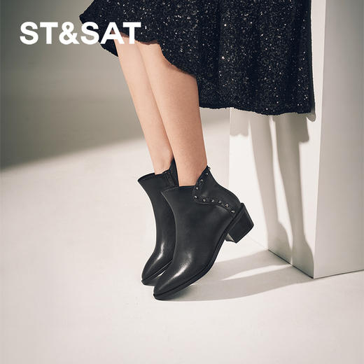 星期六铆钉钻饰摩登粗跟短靴SSC4116424 商品图2