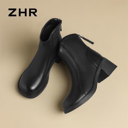 ZHR粗跟多巴胺短靴2024新款气质加绒瘦瘦靴轻便马丁靴切尔西靴 商品图7