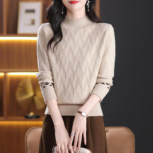 CC-101-8971半高领提花毛衣女装2024年秋冬季针织上衣洋气宽松内搭中领打底衫 商品图1