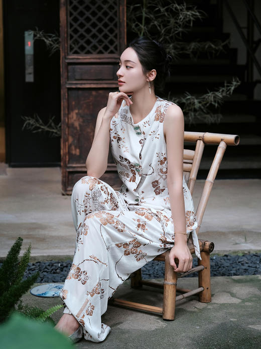 盛唐牡丹| 白色丝绒烫金阔腿裤 商品图4