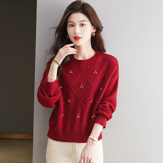CC-27-24168好看宽松打底衫遮肚子亮片针织衫上衣2024新款秋冬新年红色毛衣女 商品图0