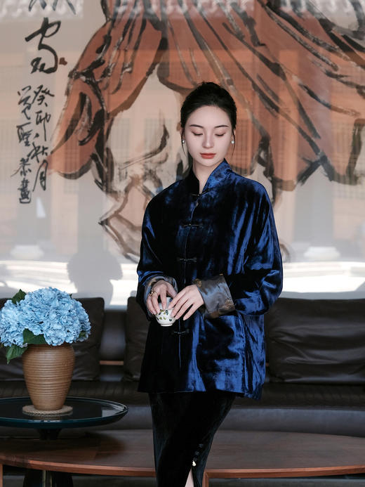 盛唐牡丹| 藏蓝色丝绒双面穿外套 商品图4
