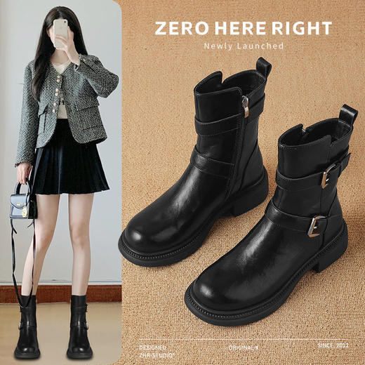 ZHR废土风加绒马丁靴女2024新款高级皮带扣瘦瘦靴时尚ins平底短靴 商品图0