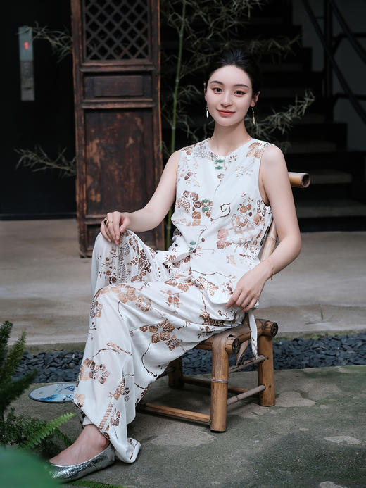 盛唐牡丹| 白色丝绒烫金阔腿裤 商品图3