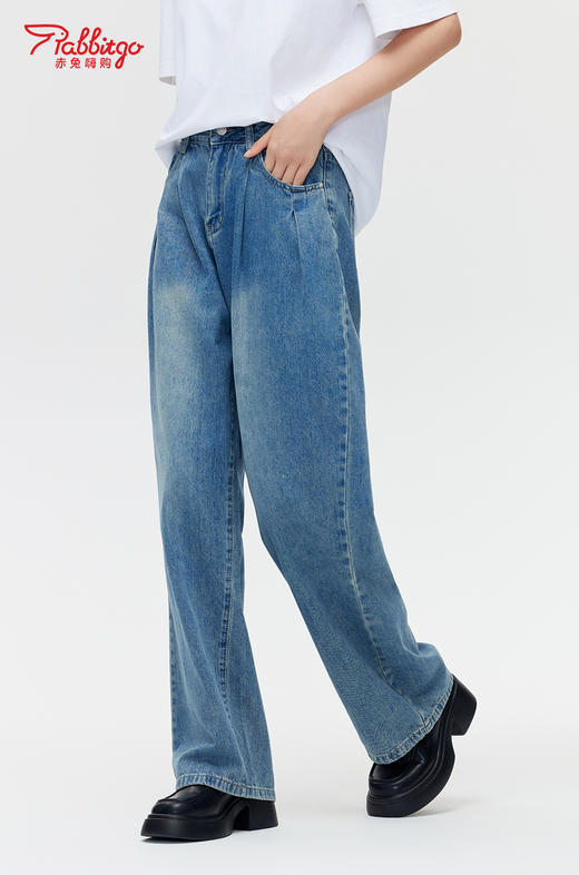 赤兔嗨购复古蓝/怀旧蓝阔腿牛仔裤女高腰褶皱高级感2024年新款直筒宽松垂感拖地裤复古怀日风 商品图1