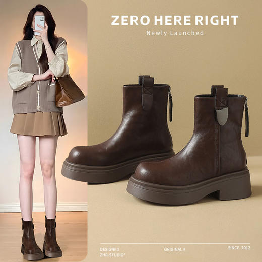ZHR厚底短靴女2024秋冬新款英伦风加绒瘦瘦靴轻便马丁靴切尔西靴 商品图1