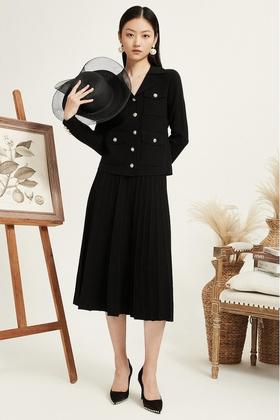 Le Malene 优雅V领外套百褶半裙针织套装 17384