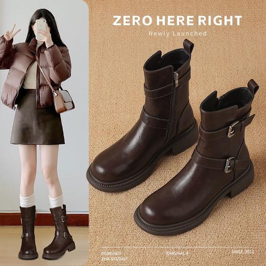 ZHR废土风加绒马丁靴女2024新款高级皮带扣瘦瘦靴时尚ins平底短靴 商品图1