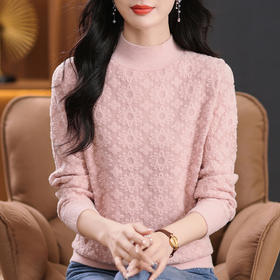 CC-5-9118秋冬半高领套头纯色中青宽松大码女装针织打底衫提花新款毛衣洋气