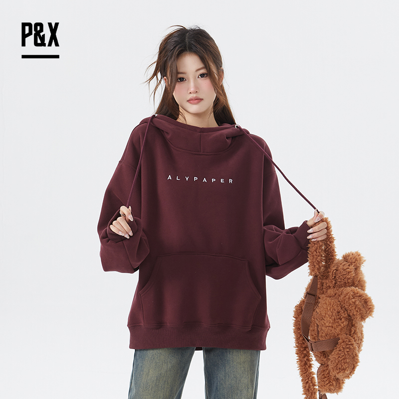 P&X设计师女装冬季长袖宽松连帽加绒短款卫衣 824417166 枣红