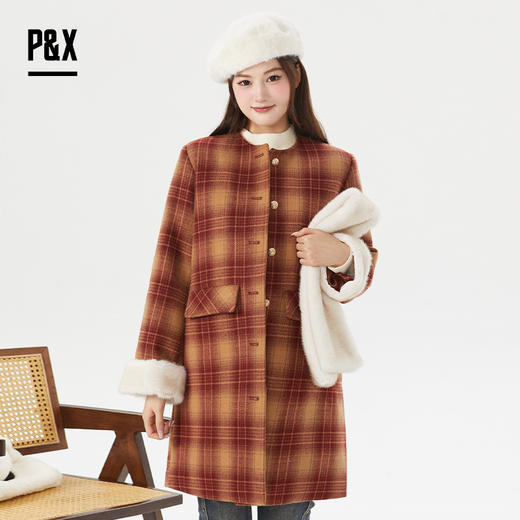 P&X设计师女装冬季格子休闲毛呢呢料中长款外套 824413195 红格 商品图2
