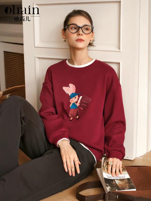 OLrain欧芮儿红色加绒卫衣女冬季2024年新款慵懒风趣味印花套头衫 商品图0