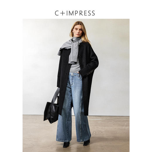 西嘉|兔毛真丝羊毛混纺 双面毛呢拼接罗纹领大衣女中长款廓形外套 商品图3