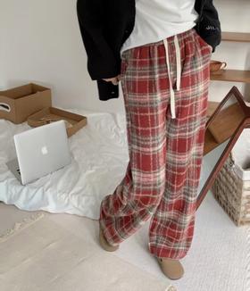 秋冬【复古毛呢格子裤】氛围感高腰垂感直筒毛呢阔腿裤 休闲加绒裤子圣诞风