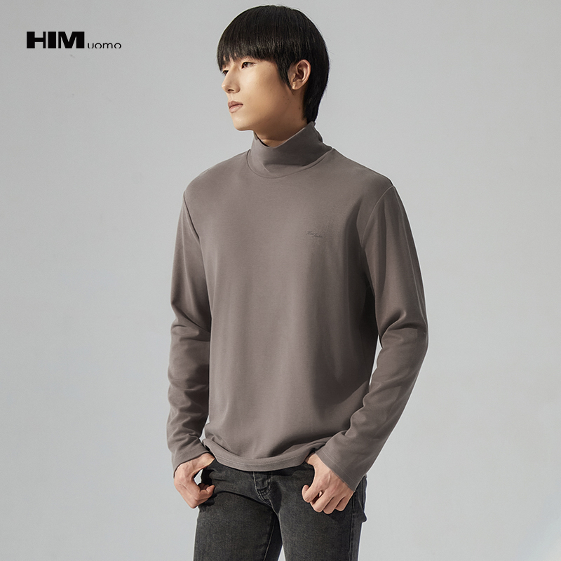 HIM漢崇  柔软舒适纯色高领T恤男休闲合身内搭长袖打底衫 2025冬季