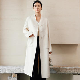 玳莎新中式全羊毛双面呢微淘女士2024年冬季新款盘扣国风V领大衣  ED39302