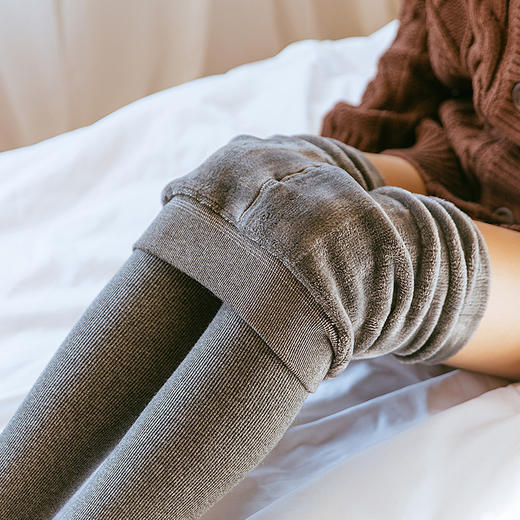 秋冬季螺纹棉竖条纹加绒加厚打底裤外穿踩脚保暖裤女士连脚一体裤 商品图1