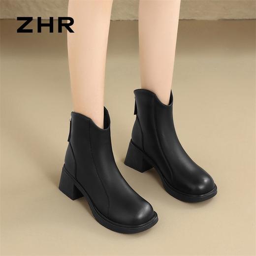 ZHR粗跟多巴胺短靴2024新款气质加绒瘦瘦靴轻便马丁靴切尔西靴 商品图4