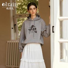 OLrain欧芮儿灰色休闲卫衣女冬季2024年新款鸯尾蕾丝绣花连帽上衣