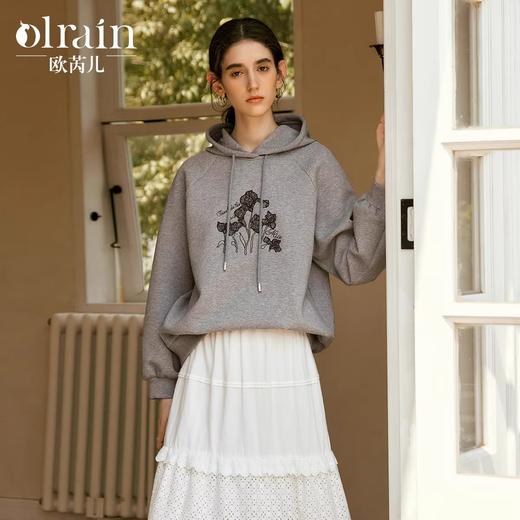 OLrain欧芮儿灰色休闲卫衣女冬季2024年新款鸯尾蕾丝绣花连帽上衣 商品图0