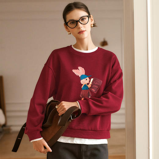 OLrain欧芮儿红色加绒卫衣女冬季2024年新款慵懒风趣味印花套头衫 商品图4