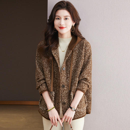CC-10-5935宽松休闲连帽开衫大码2024新款毛呢外套女设计感小众针织衫 商品图3