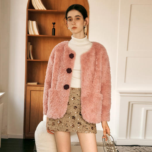 OLrain欧芮儿粉色皮草外套女冬季2024年新款名媛气质皮毛一体上衣 商品图1