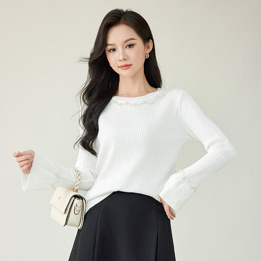 奢姿大码女装2025秋季减龄钉珠喇叭袖时尚针织衫胖妹妹百搭上衣9843853546 商品图0
