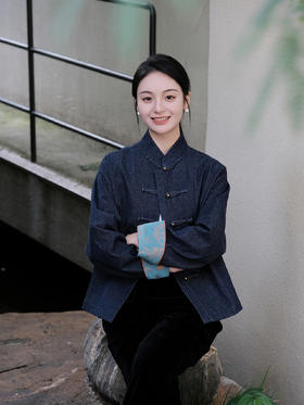 FAB牛仔配喜鹊纹花锦缎袖口对襟外套