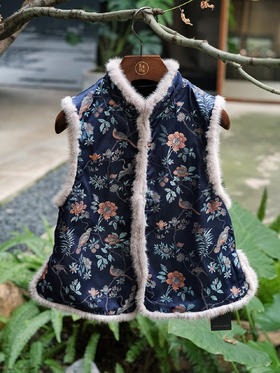 FAB石青色喜鹊纹宋锦水貂夹棉马甲