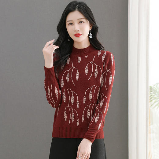 CC-103-6383秋冬新款半高领针织衫女时尚气质提花拼色短款宽松打底衫毛衣 商品图2