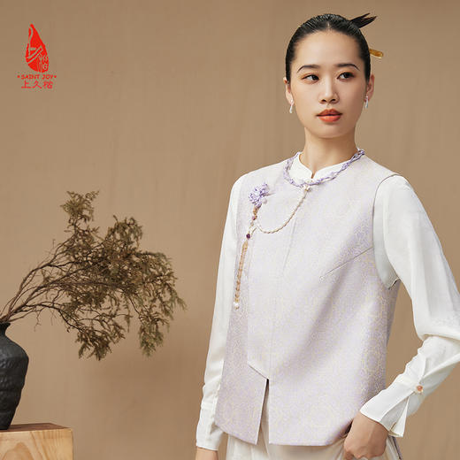 SAINTJOY/上久楷 女式宋锦马甲 中式上衣 中国风 复古 绿地团花纹氈罽 CY1044207027 商品图5