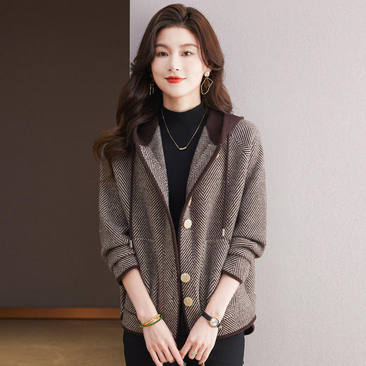 CC-10-5952秋冬新款小个子短款毛呢上衣女宽松大码连帽休闲厚外套 商品图0