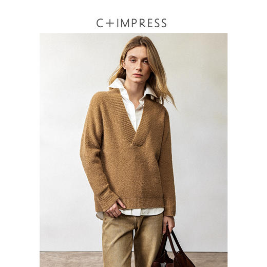 西嘉|牦牛绒美丽奴羊毛混纺 慵懒风V领宽松毛衣针织衫上衣女冬季 商品图1