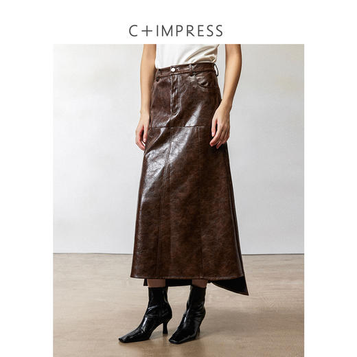 西嘉|PU油蜡皮美拉德棕色皮裙半身裙女2024年冬季解构后开衩A字裙 商品图2