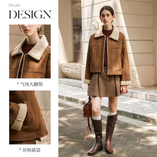 OLrain欧芮儿法式咖色皮草外套女冬季2024年新款翻领皮毛一体上衣 商品图2