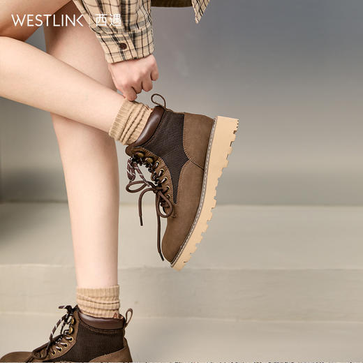 西遇厚底马丁靴大黄靴女新款秋冬爆款美式复古工装靴系带短靴D3547557 商品图1