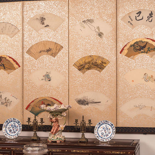 【已售】独角鹿西洋古董 20世纪初日本大正时期出品银地纸本着色东瀛折扇主题六曲屏风 商品图3