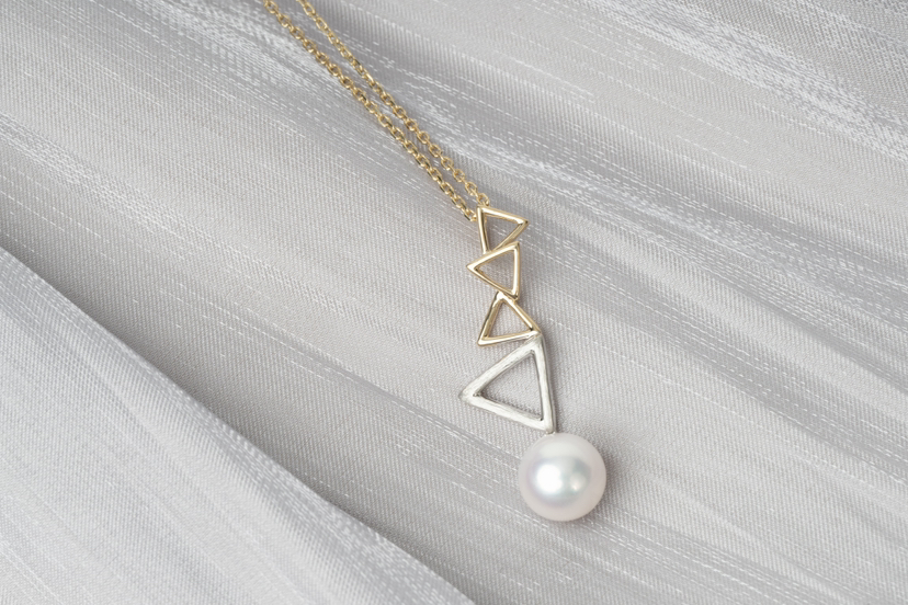 「镜像.三角」Akoya珍珠14k白金黄金玫瑰金项链