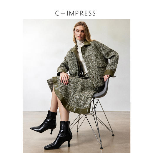 西嘉|羊驼羊毛混纺圈圈人字复古拼接皮领假两件夹克/鱼尾裙女套装（WT2404011） 商品图3