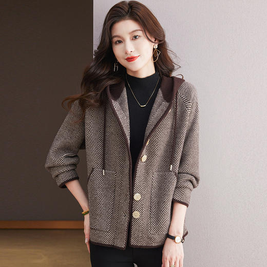CC-10-5952秋冬新款小个子短款毛呢上衣女宽松大码连帽休闲厚外套 商品图2