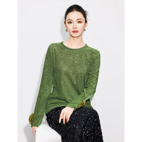 【丁摩】新中式女装2024秋季新款立体花朵设计圆领烧花打底上衣8821