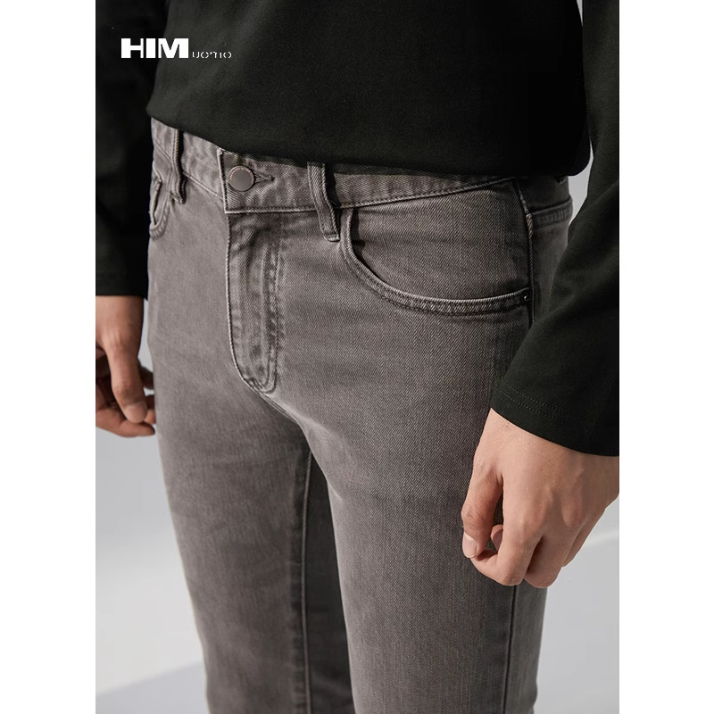 HIM漢崇 染色水洗做旧紧身牛仔裤男咖啡色修身弹力小脚裤2025冬季